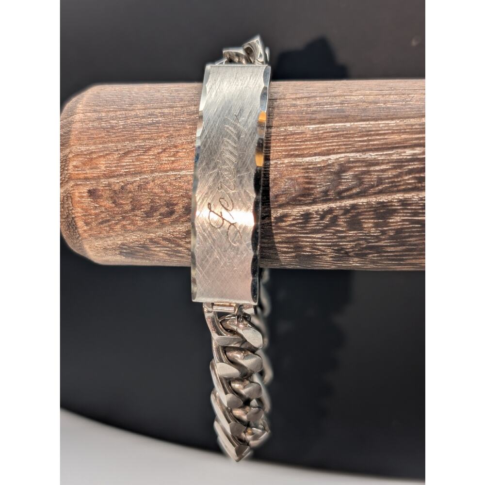 Vtg SPEIDEL USA Mens 'Jeremy' Engraved Silver Tone ID Bracelet Signed STE TA